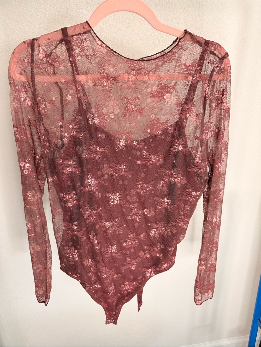 Floral Sheer Long-Sleeve Bodysuit in Rose